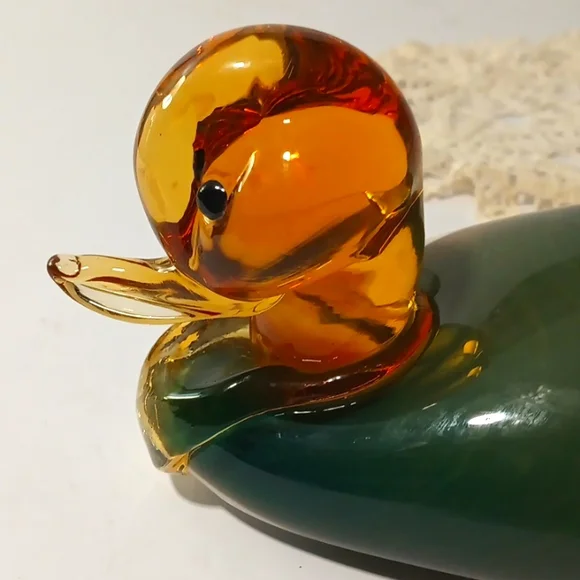 Murano Glass Duck Figurine - Green and Amber - Picture 4 of 13